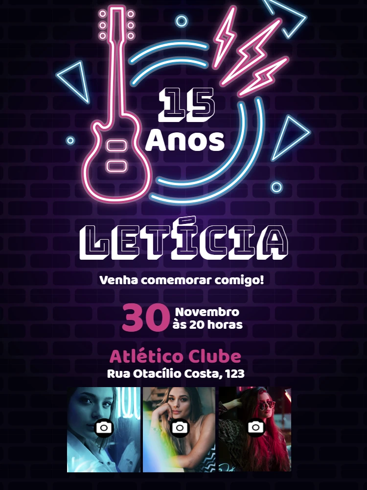 Convite 15 Anos Neon Rock com Foto para Editar Online