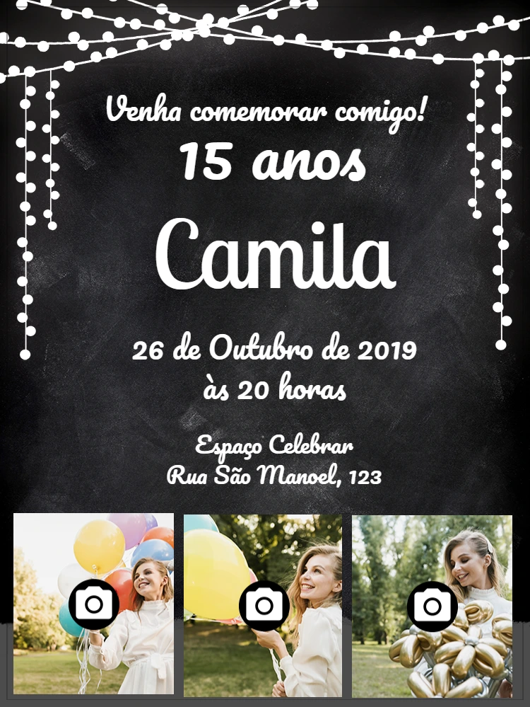 Convite 15 Anos Chalkboard com Fotos para Editar Online