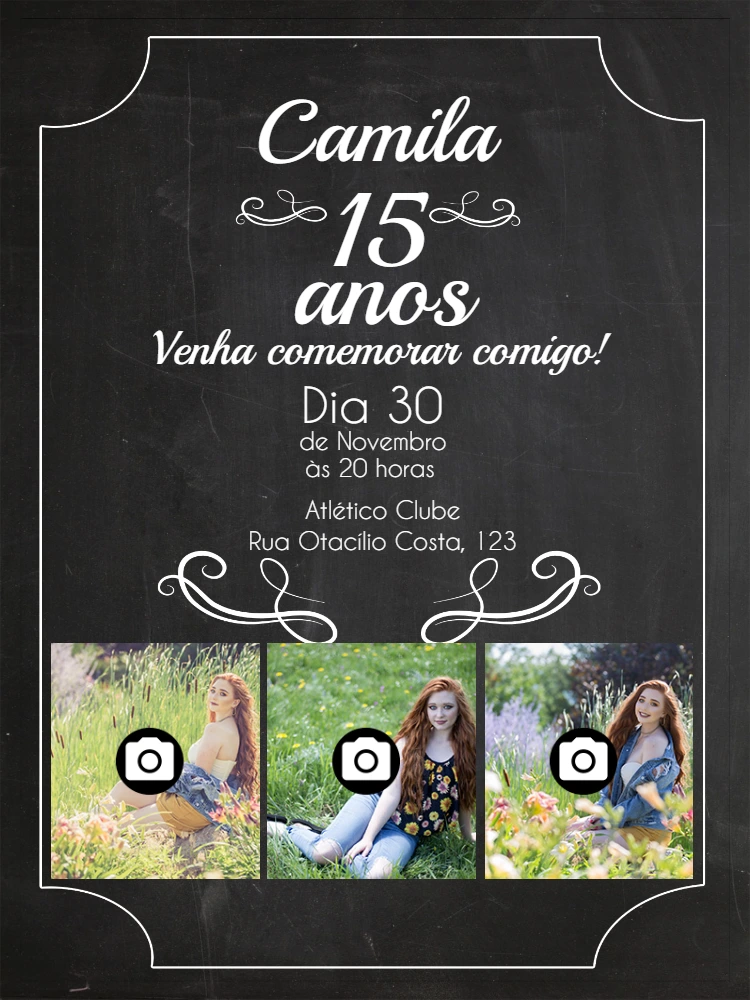 Convite 15 Anos com Fotos Estilo Lousa para Editar Online