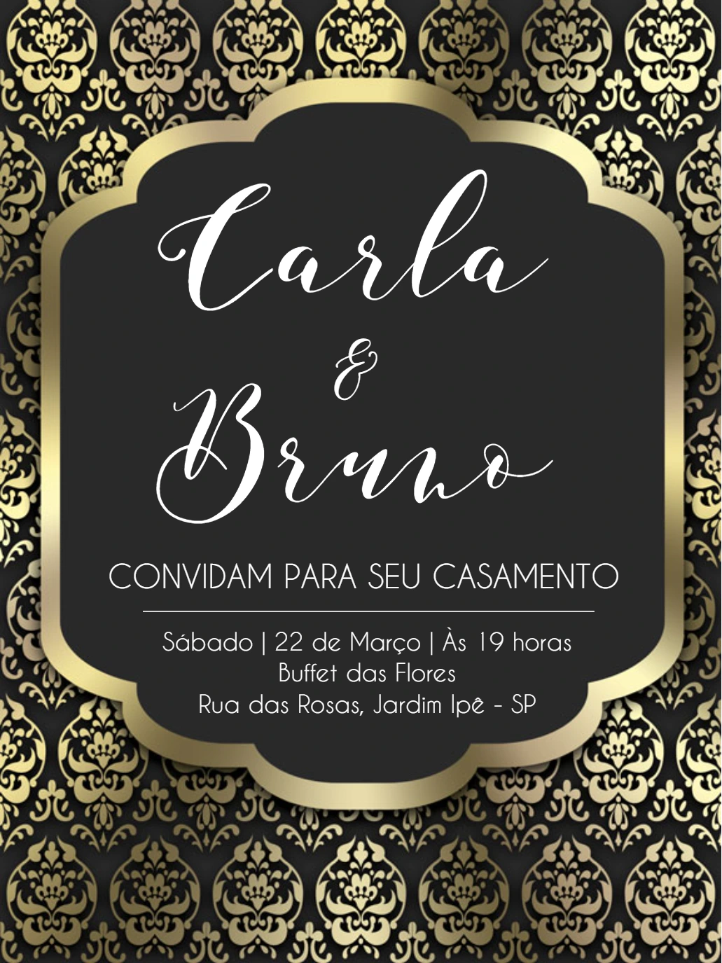 Convite de Casamento Preto e Dourado Arabescos para Editar