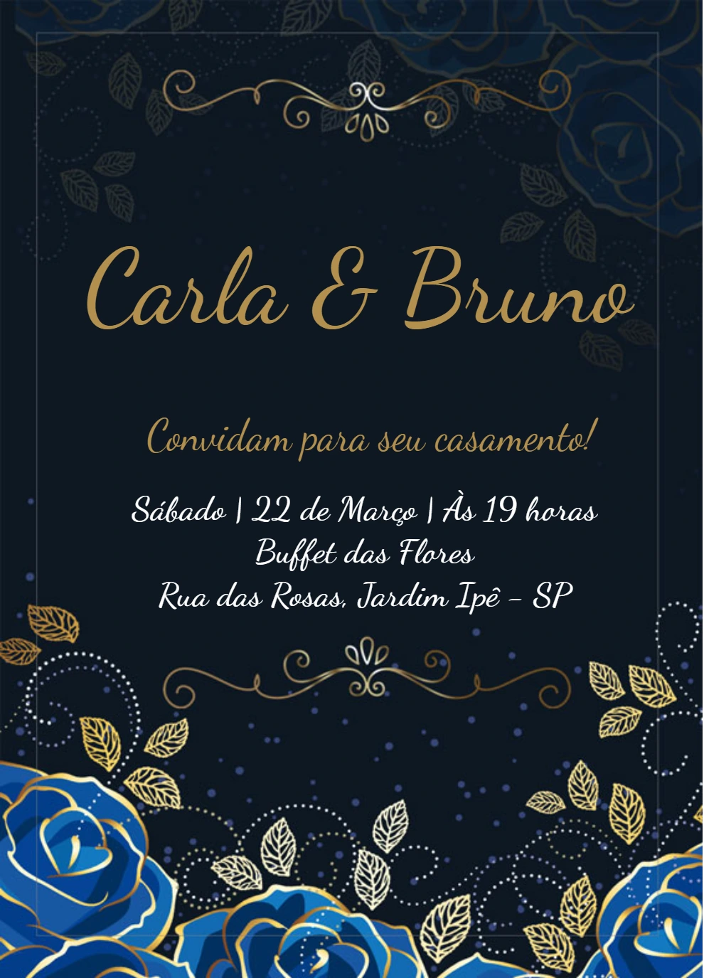 Convite de Casamento Floral Azul e Dourado para Editar Online
