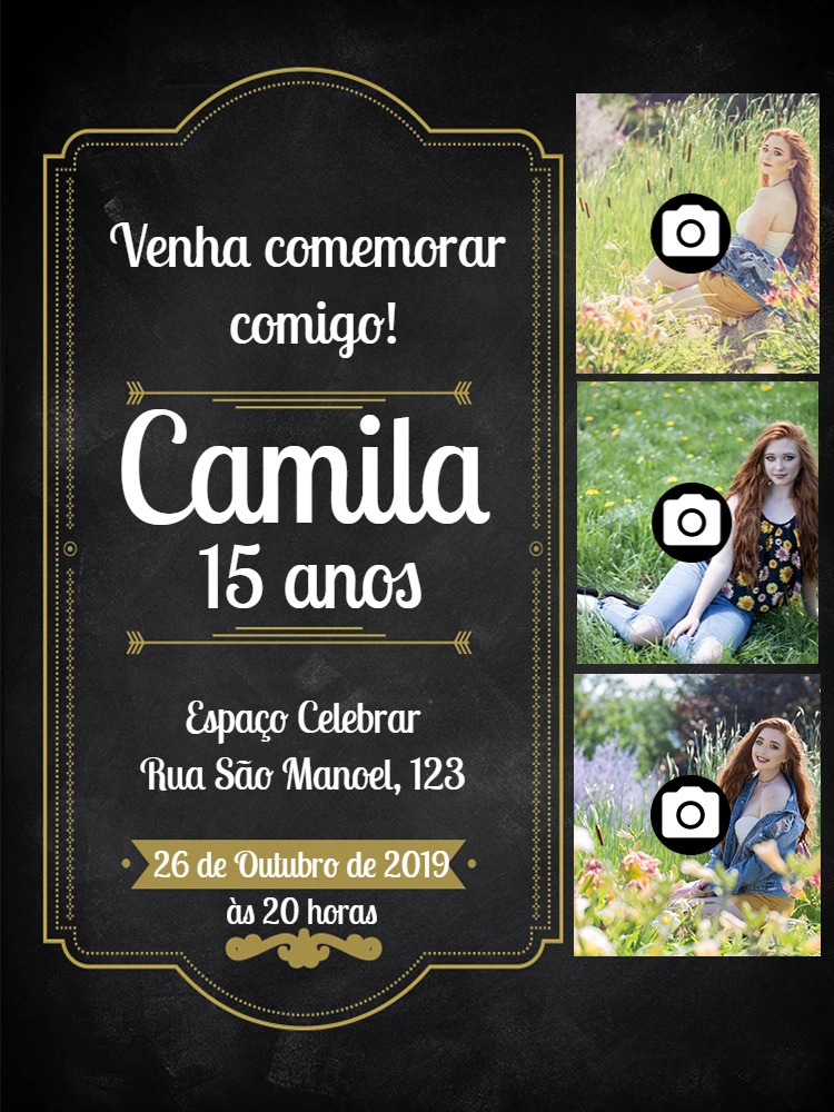 Convite 15 Anos com Fotos Estilo Lousa para Editar Online