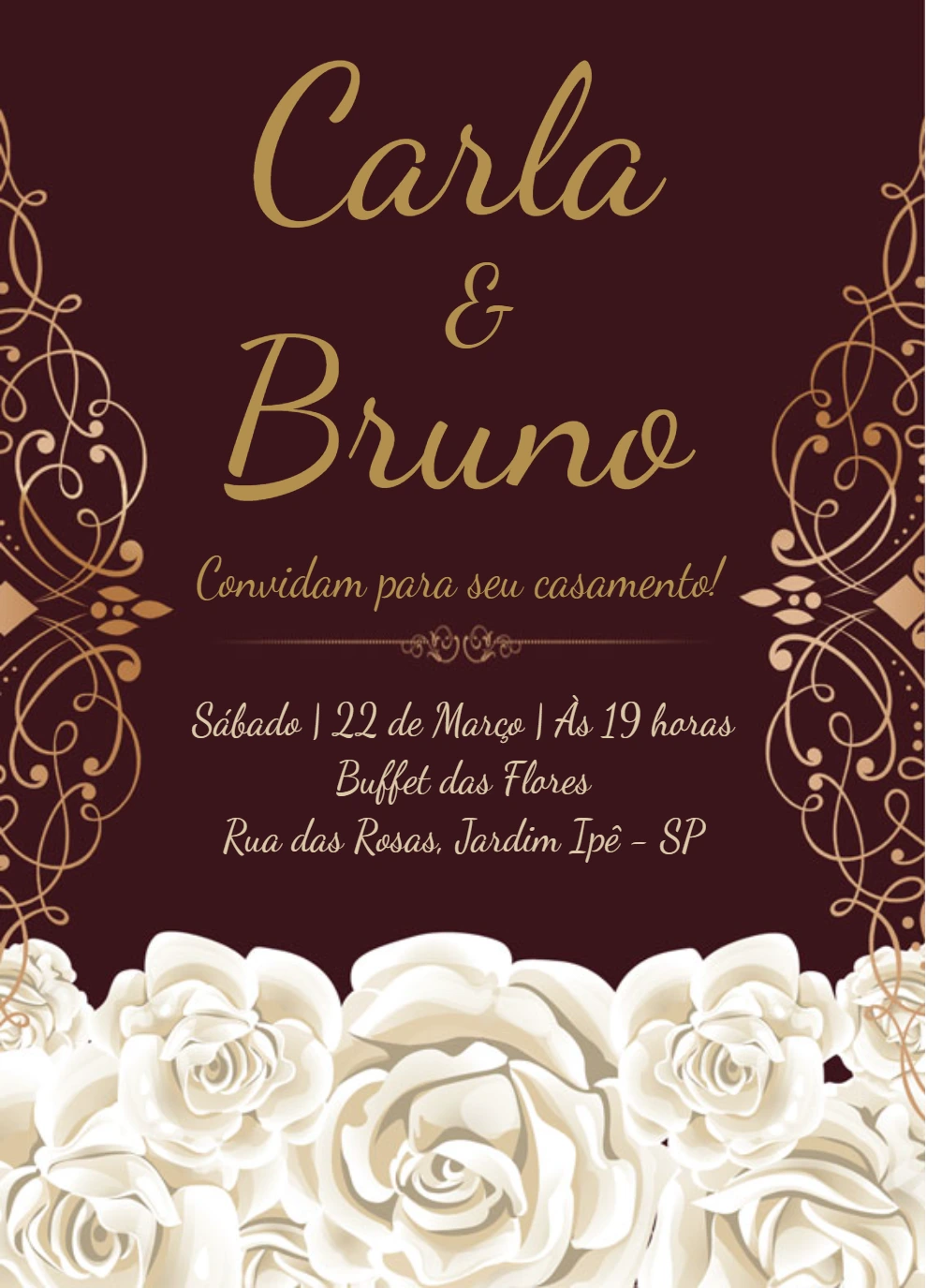 Convite de Casamento Rosas Brancas e Dourado para Editar Online