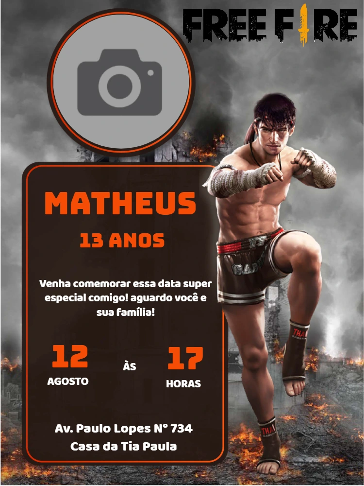 Convite de Aniversário Free Fire com Foto para Editar Online