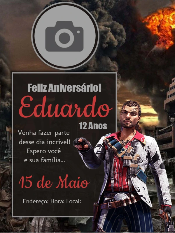 Convite Aniversário Free Fire com Foto para Editar Online