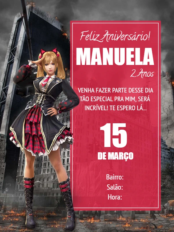 Convite Aniversário Free Fire com Personagem para Editar Online