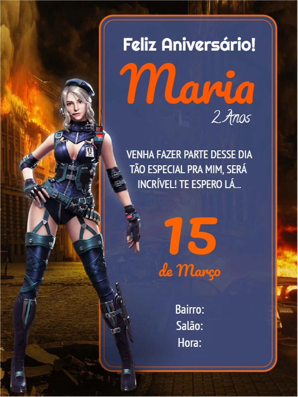 Convite Aniversário Free Fire com Personagem para Editar Online