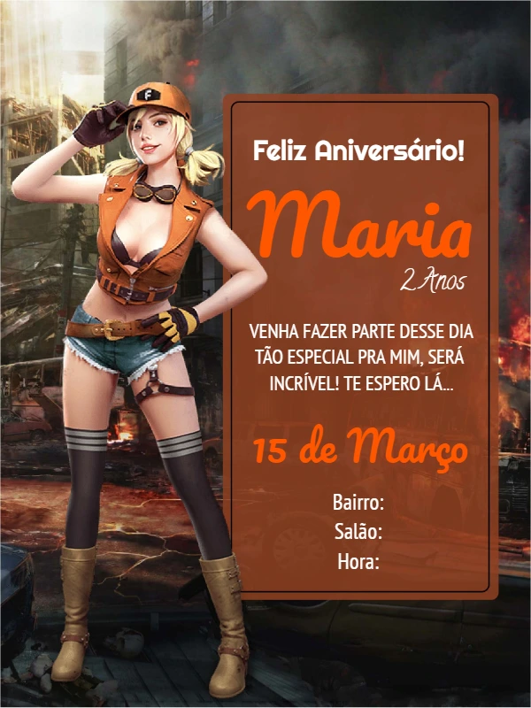 Convite de Aniversário Free Fire com Personagem para Editar Online