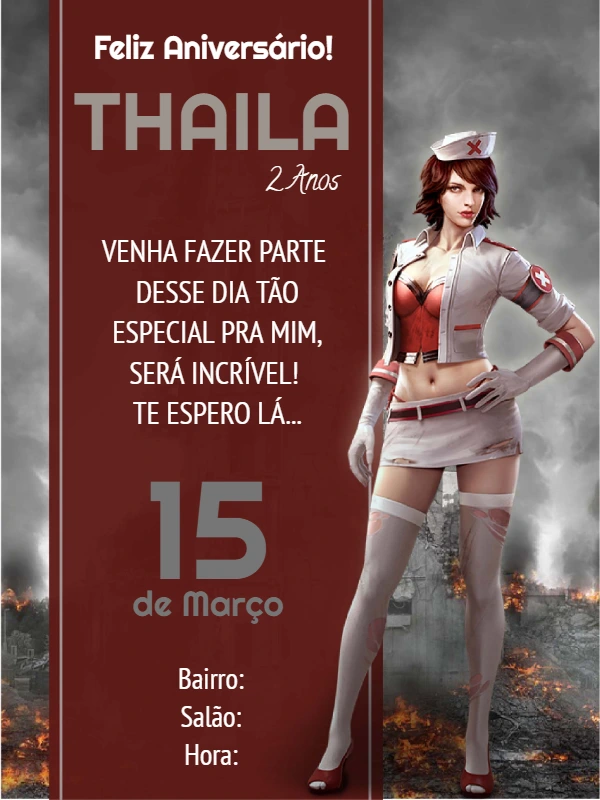 Convite de Aniversário Free Fire Editável com Skin Feminina