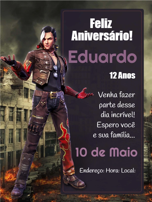 Convite Aniversário Free Fire com Personagem para Editar Online
