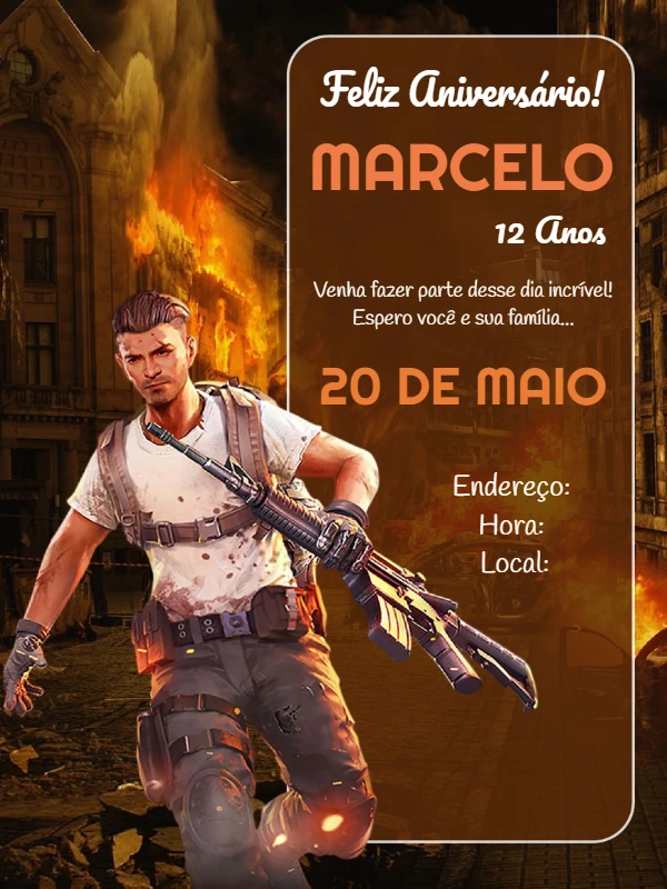 Convite de Aniversário Free Fire com Personagem para Editar