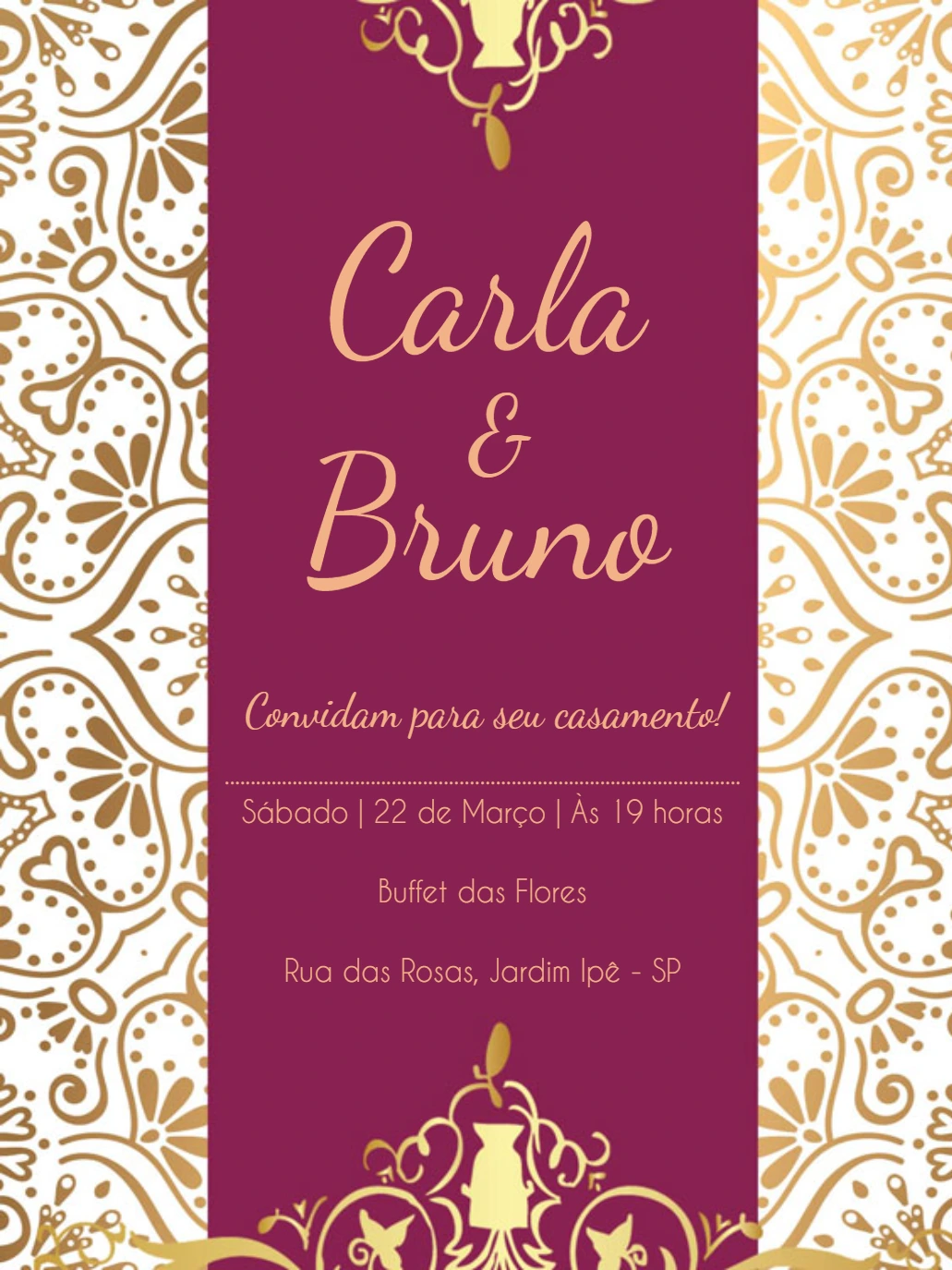 Convite de Casamento Arabescos Dourados para Editar Online