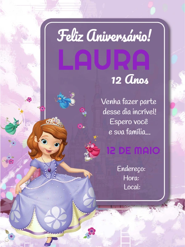 Convite de Aniversário Princesa Sofia para Editar Online