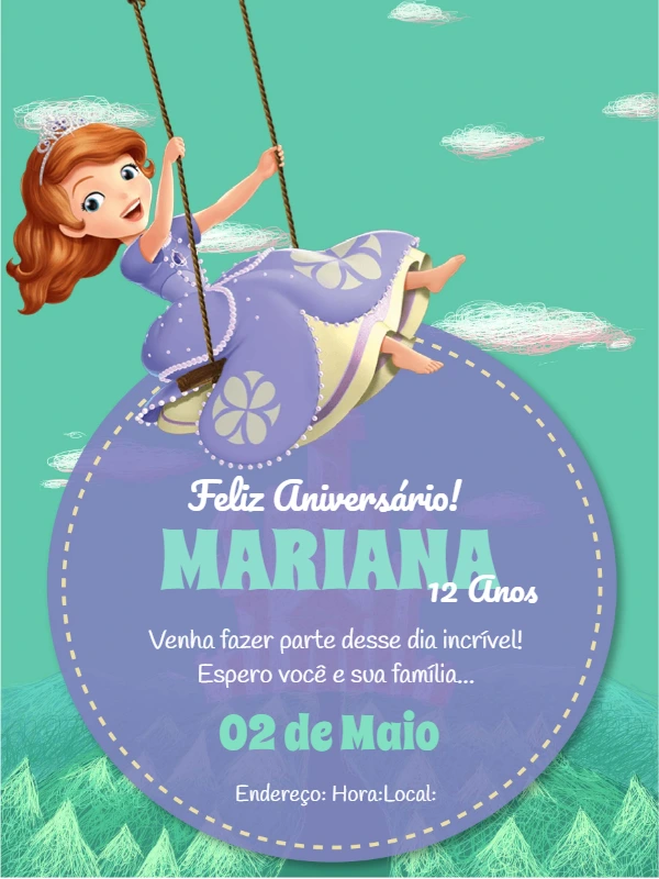 Convite de Aniversário Princesa Sofia para Editar Online