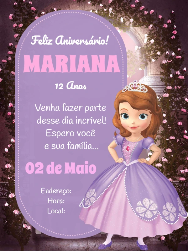 Convite Aniversário Princesa Sofia para Editar Online