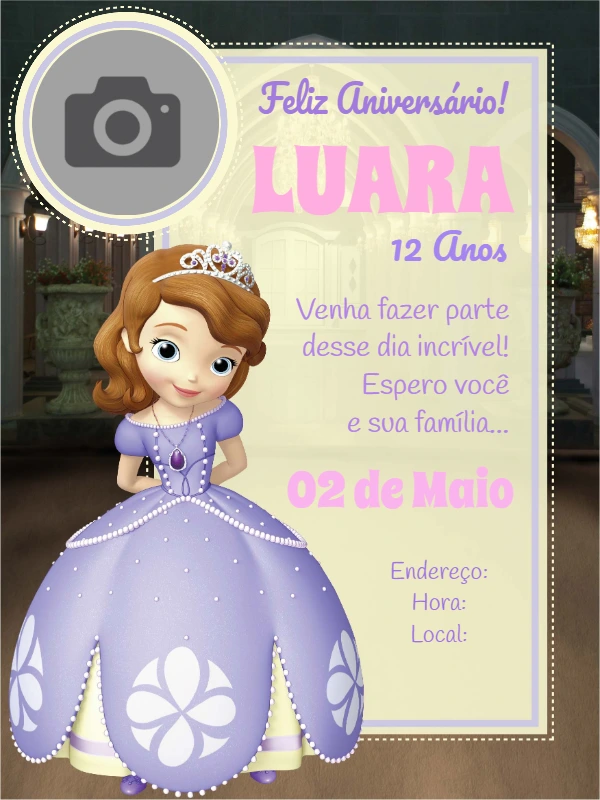 Convite Aniversário Princesa Sofia com Foto para Editar Online