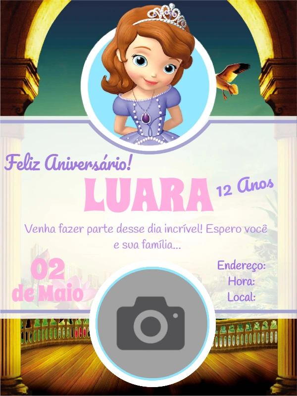 Convite Aniversário Princesa Sofia com Foto para Editar Online