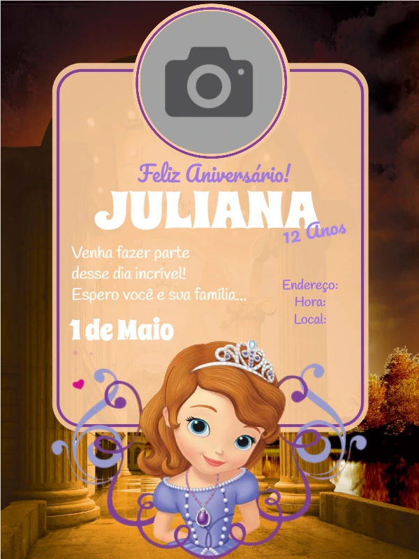 Convite Aniversário Princesa Sofia com Foto para Editar Online