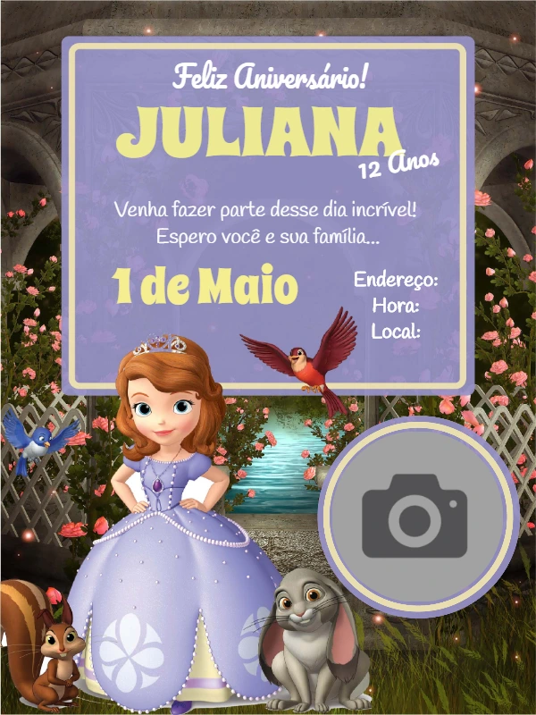 Convite Aniversário Princesa Sofia com Foto para Editar Online