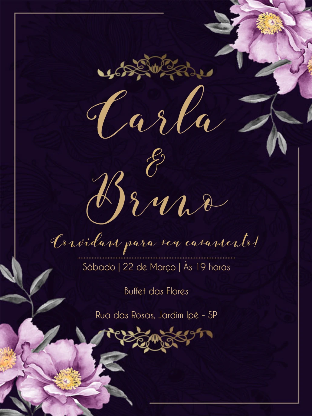 Convite de Casamento Floral Roxo e Dourado para Editar Online