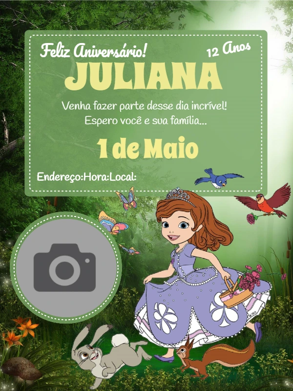 Convite Aniversário Princesa Sofia com Foto para Editar Online