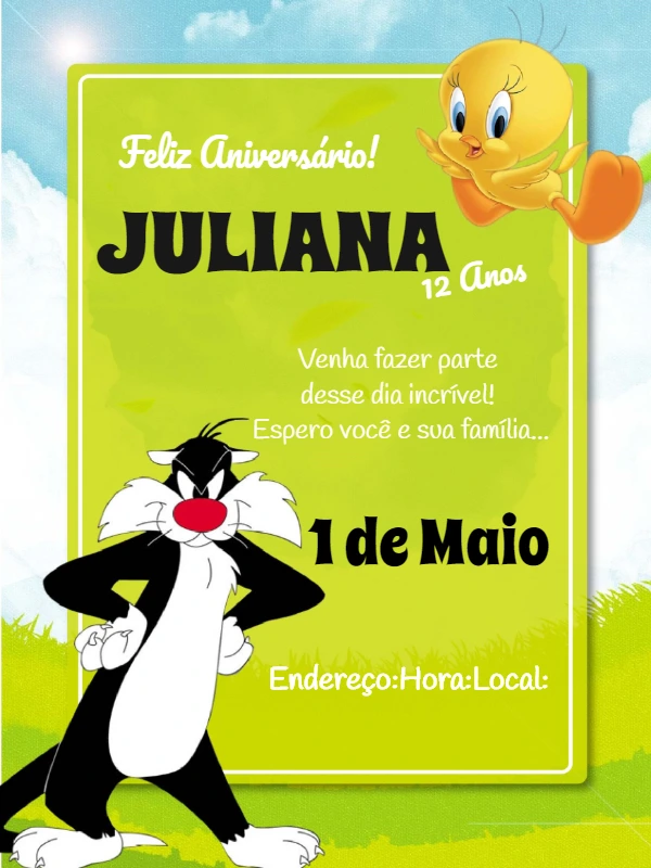 Convite de Aniversário Piu Piu e Frajola para Editar Online