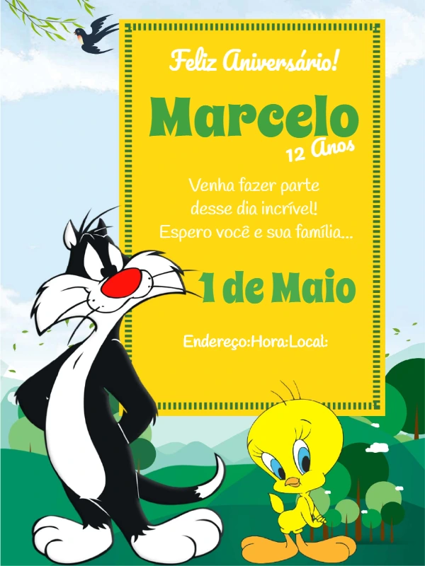 Convite de Aniversário Piu Piu e Frajola para Editar Online