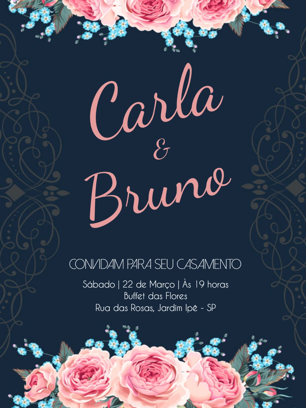 Convite de Casamento Floral Azul e Rosa para Editar Online