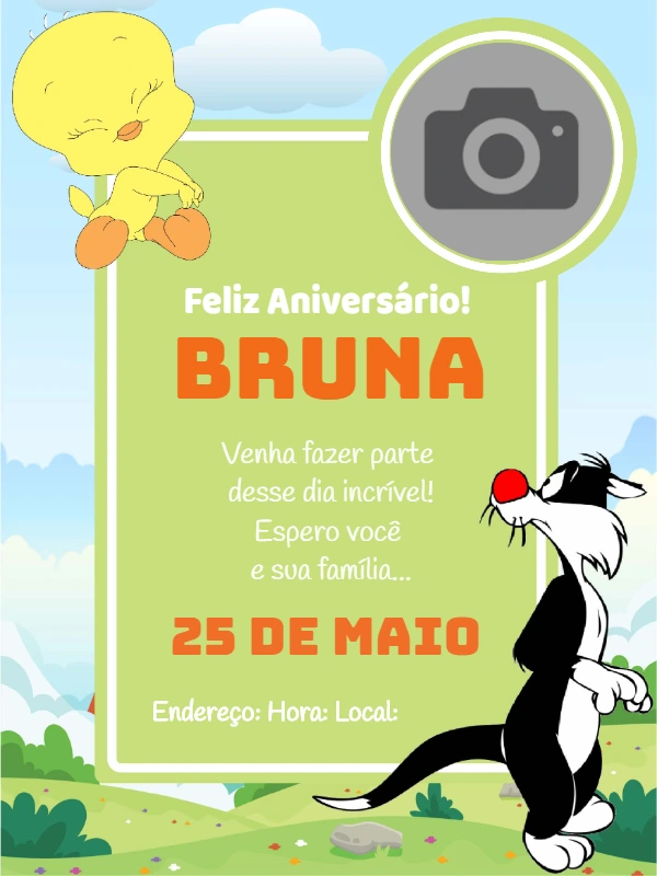 Convite Aniversário Piu Piu e Frajola com Foto para Editar
