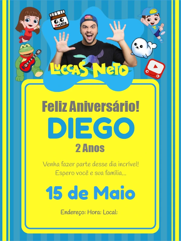 Convite de Aniversário Luccas Neto para Editar e Imprimir