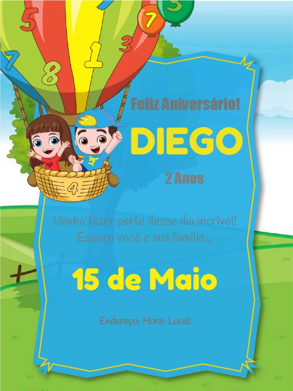 Convite de Aniversário Balão com Personagens para Editar Online