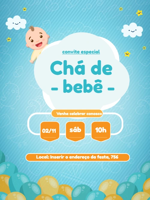 Convite Chá de Bebê Menino Azul para Editar Online e Imprimir