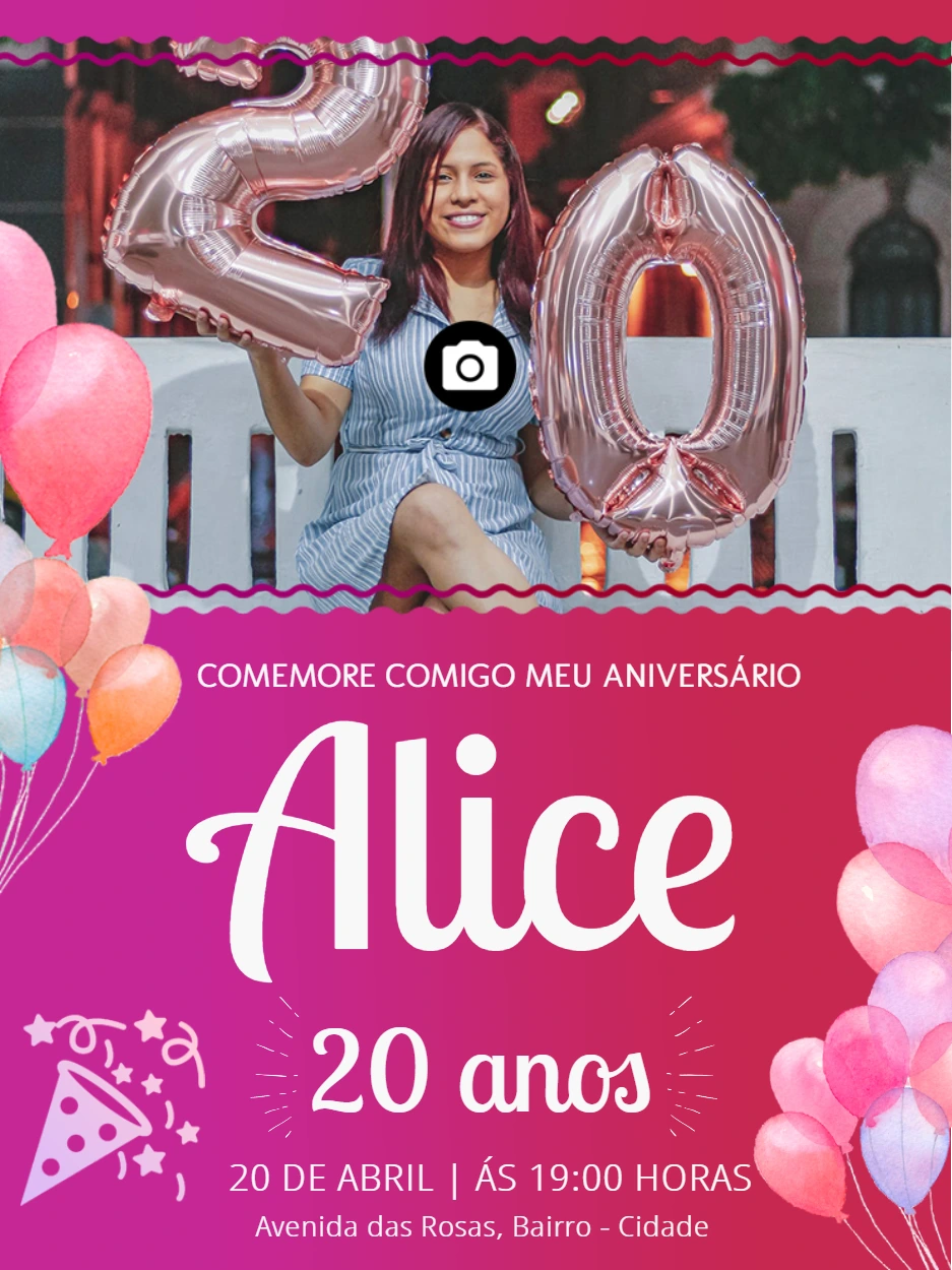 Convite de Aniversário Feminino com Foto para Editar Online