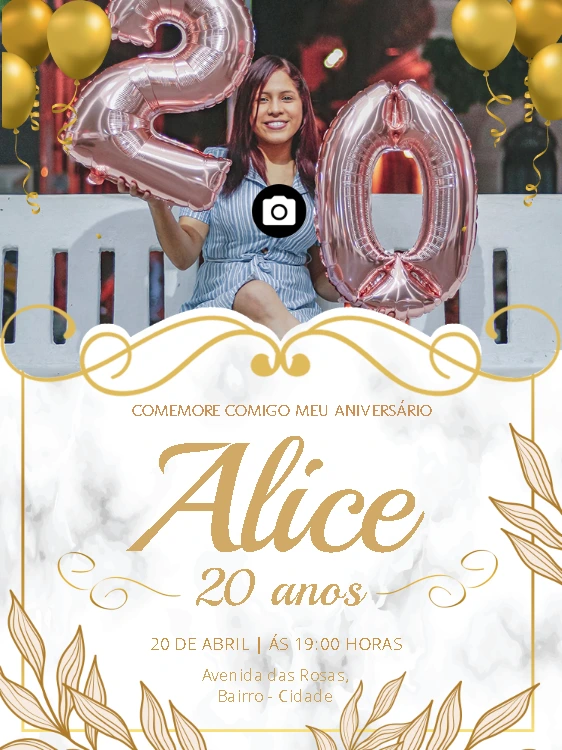 Convite de Aniversário Floral Dourado com Foto para Editar