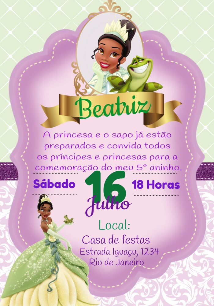 Convite de Aniversário Princesa e o Sapo para Editar Online