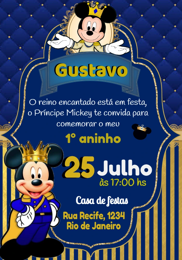 Convite Aniversário Mickey Realeza para Editar Online