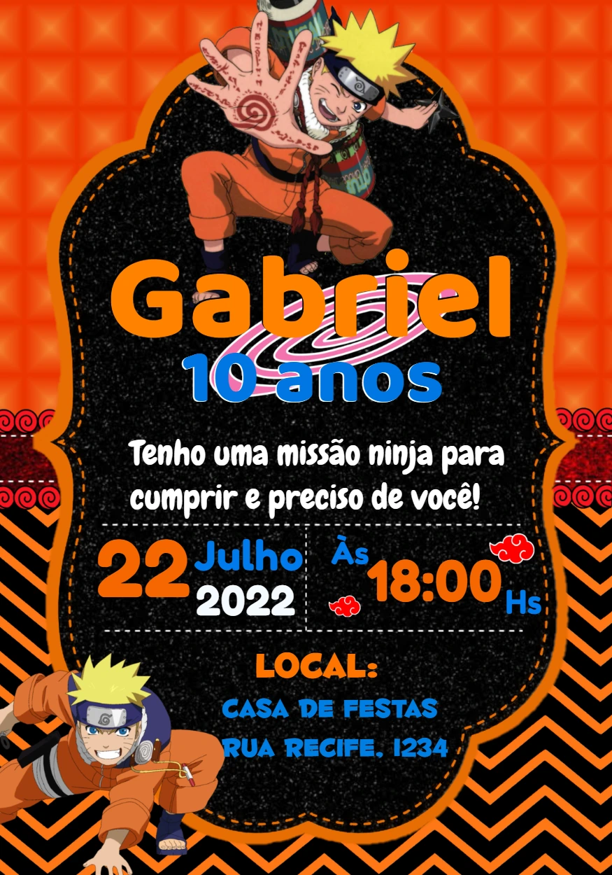 Convite de Aniversário Naruto com Personagem para Editar Online
