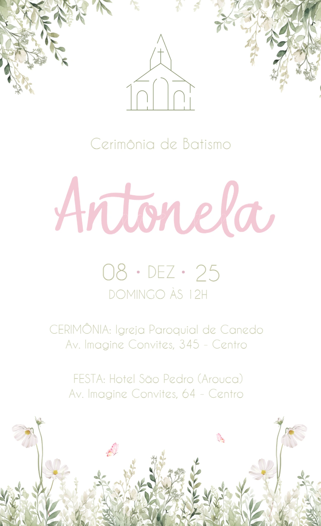 Convite de Batismo Floral Rosa em Aquarela para Editar