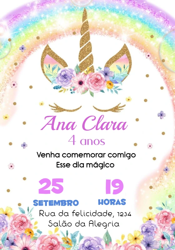 Convite de Aniversário Unicórnio Mágico para Editar Online