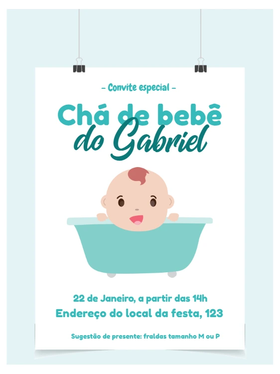 Convite Chá de Bebê Menino na Banheira para Editar Online