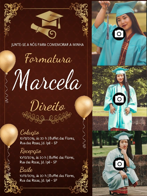 Convite de Formatura em Direito com Fotos para Editar Online