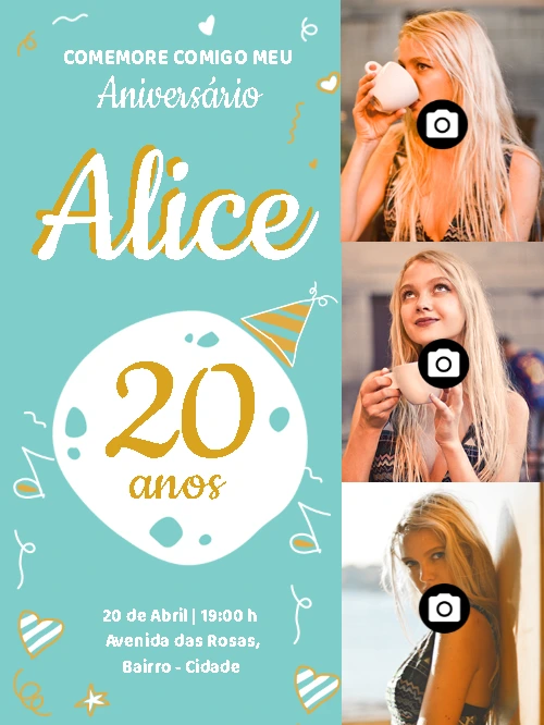 Convite de Aniversário com Fotos para Editar Online