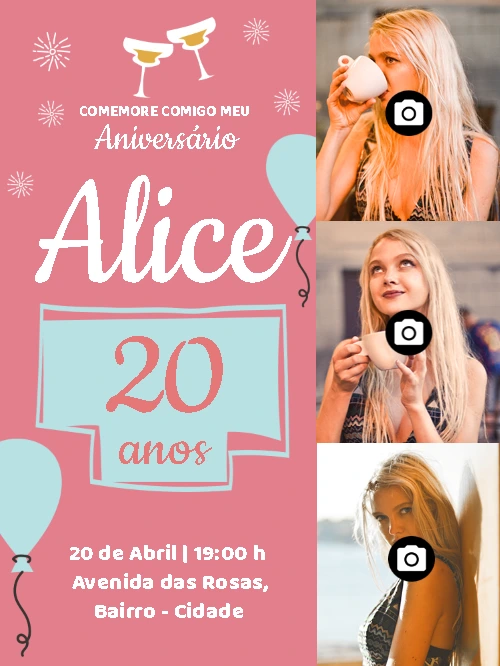 Convite de Aniversário com Fotos para Editar Online