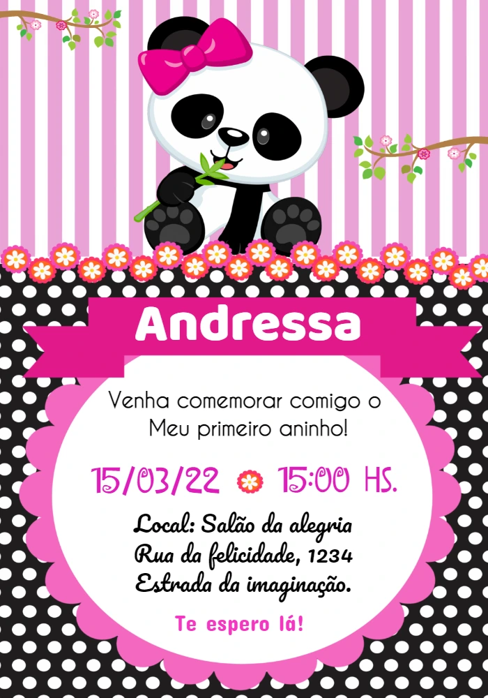 Convite de Aniversário Panda Rosa para Editar Online