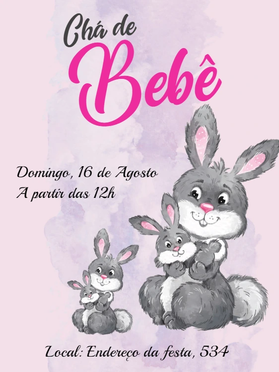 Convite Chá de Bebê Coelhinho Rosa para Editar Online