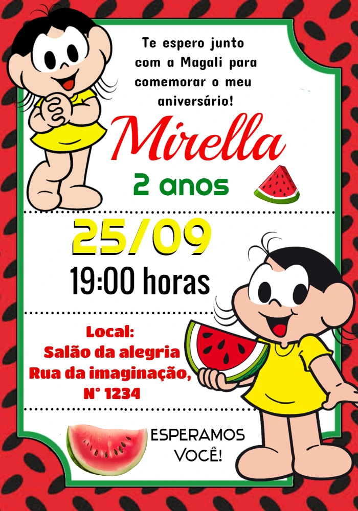Convite de Aniversário Magali Turma da Mônica para Editar