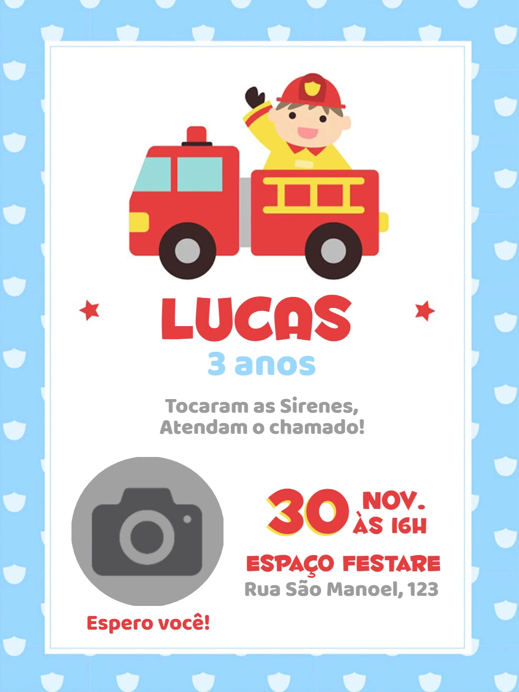 Convite de Aniversário Bombeiro com Foto para Editar Online