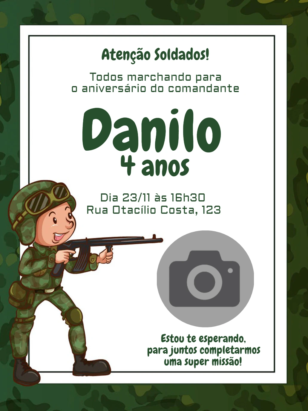 Convite Aniversário Soldado com Foto para Editar Online