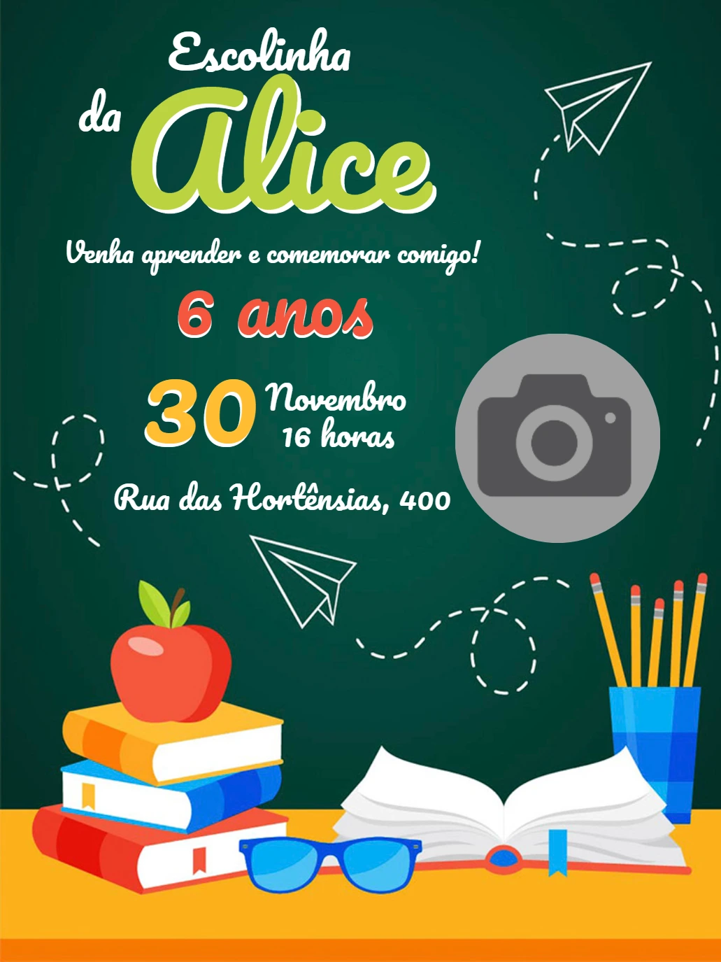 Convite de Aniversário Escolinha com Foto para Editar Online