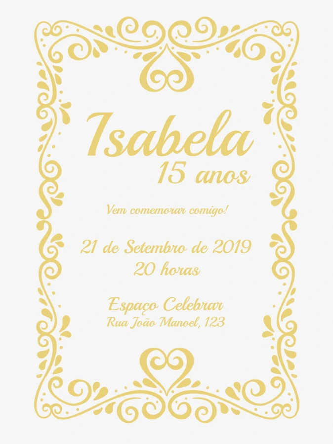 Convite 15 Anos Dourado com Arabescos para Editar Online